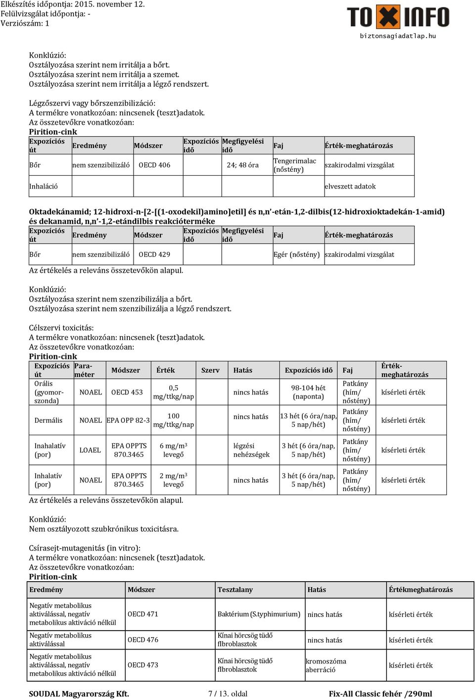 út Eredmény Módszer Megfigyelési Bőr nem szenzibilizáló OECD 406 24; 48 óra Inhaláció Faj Tengerimalac (nőstény) Érték-meghatározás szakirodalmi vizsgálat elveszett adatok Oktadekánamid;