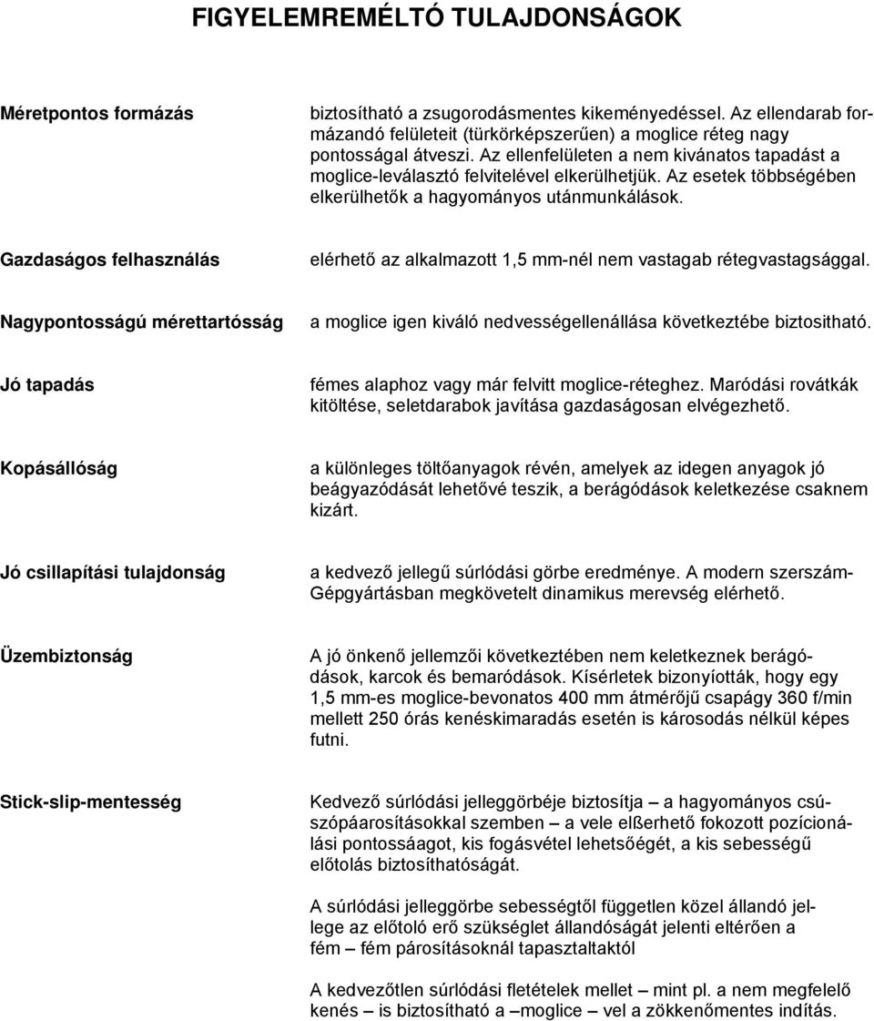 Gazdaságos felhasználás elérhető az alkalmazott 1,5 mm-nél nem vastagab rétegvastagsággal. Nagypontosságú mérettartósság a moglice igen kiváló nedvességellenállása következtébe biztositható.