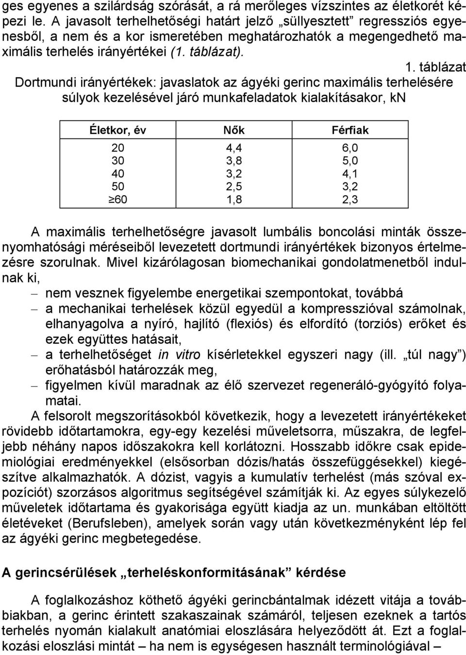 táblázat Dortmundi irányértékek: javaslatok az ágyéki gerinc maximális terhelésére súlyok kezelésével járó munkafeladatok kialakításakor, kn Életkor, év Nők Férfiak 20 30 40 50 60 4,4 3,8 3,2 2,5 1,8