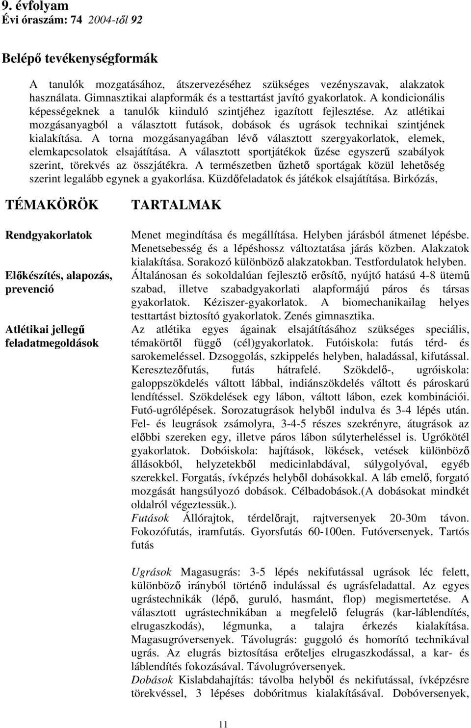 Az atlétikai mozgásanyagból a választott futások, dobások és ugrások technikai szintjének kialakítása. A torna mozgásanyagában lév választott szergyakorlatok, elemek, elemkapcsolatok elsajátítása.