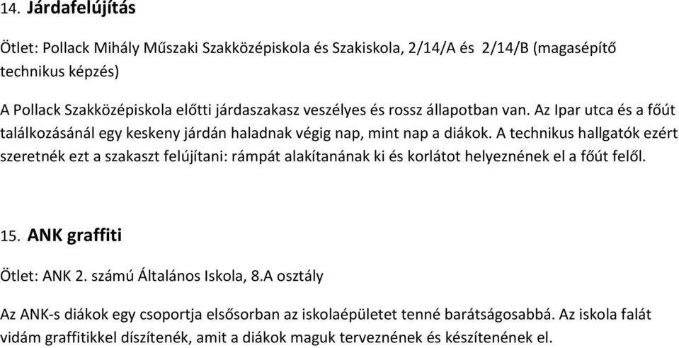 A technikus hallgatók ezért szeretnék ezt a szakaszt felújítani: rámpát alakítanának ki és korlátot helyeznének el a főút felől. 15. ANK graffiti Ötlet: ANK 2.