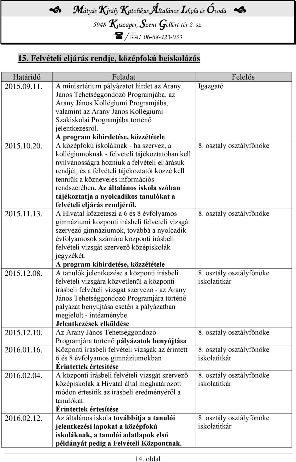 jelentkezésről. A program kihirdetése, közzététele 2015.10.20. A középfokú iskoláknak - ha szervez, a 8.