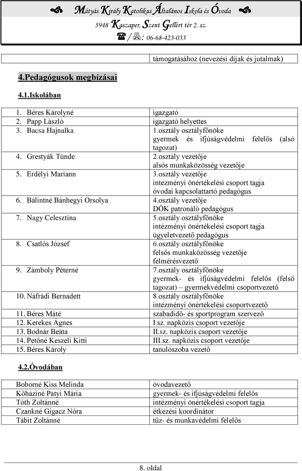 osztály vezetője intézményi önértékelési csoport tagja óvodai kapcsolattartó pedagógus 6. Bálintné Bánhegyi Orsolya 4.osztály vezetője DÖK patronáló pedagógus 7. Nagy Celesztina 5.