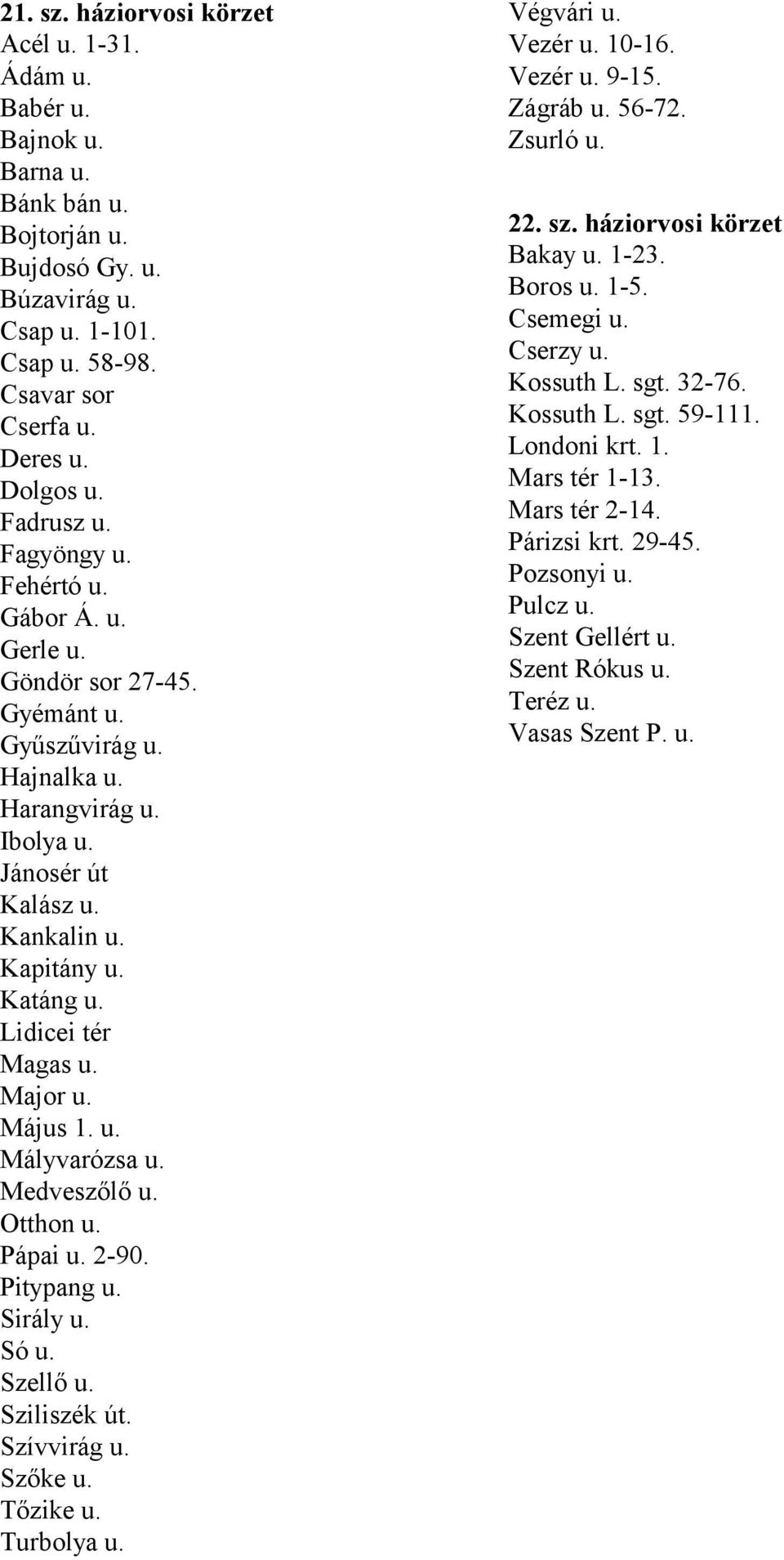 Lidicei tér Magas u. Major u. Május 1. u. Mályvarózsa u. Medveszőlő u. Otthon u. Pápai u. 2-90. Pitypang u. Sirály u. Só u. Szellő u. Sziliszék út. Szívvirág u. Szőke u. Tőzike u. Turbolya u.