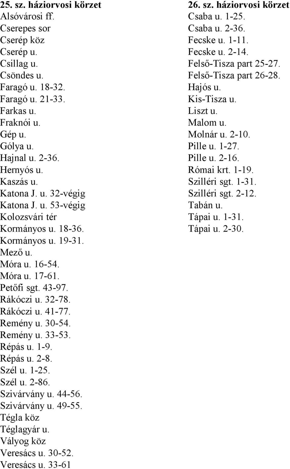 Remény u. 30-54. Remény u. 33-53. Répás u. 1-9. Répás u. 2-8. Szél u. 1-25. Szél u. 2-86. Szivárvány u. 44-56. Szivárvány u. 49-55. Tégla köz Téglagyár u. Vályog köz Veresács u. 30-52. Veresács u. 33-61 26.