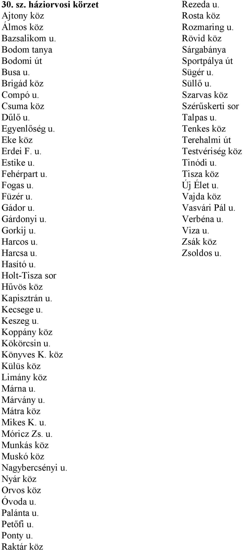 Márvány u. Mátra köz Mikes K. u. Móricz Zs. u. Munkás köz Muskó köz Nagybercsényi u. Nyár köz Orvos köz Óvoda u. Palánta u. Petőfi u. Ponty u. Raktár köz Rezeda u. Rosta köz Rozmaring u.