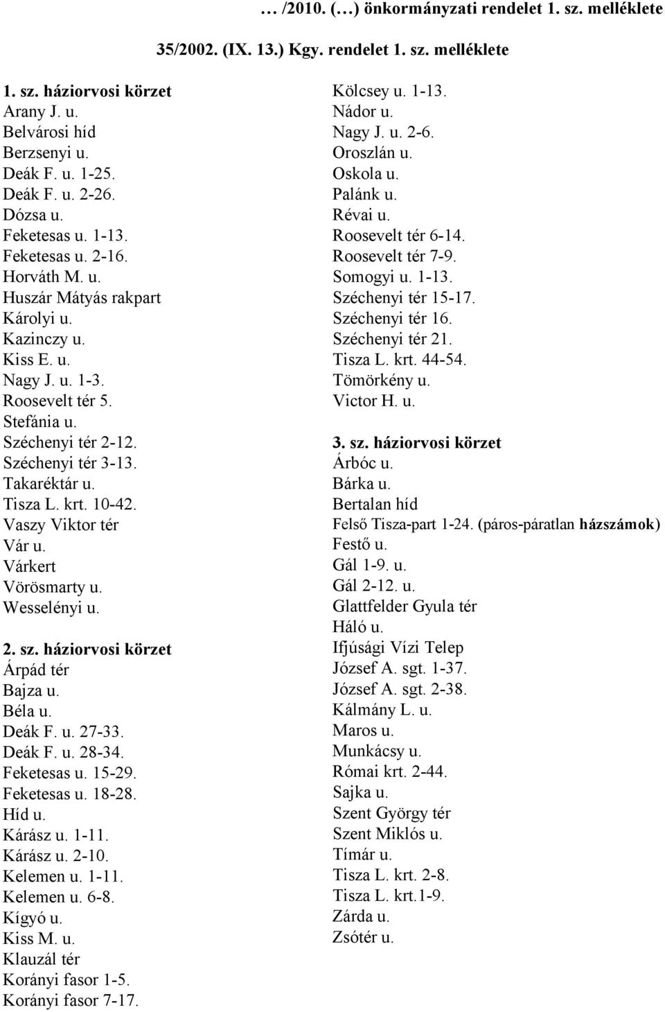 Széchenyi tér 3-13. Takaréktár u. Tisza L. krt. 10-42. Vaszy Viktor tér Vár u. Várkert Vörösmarty u. Wesselényi u. 2. sz. háziorvosi körzet Árpád tér Bajza u. Béla u. Deák F. u. 27-33. Deák F. u. 28-34.