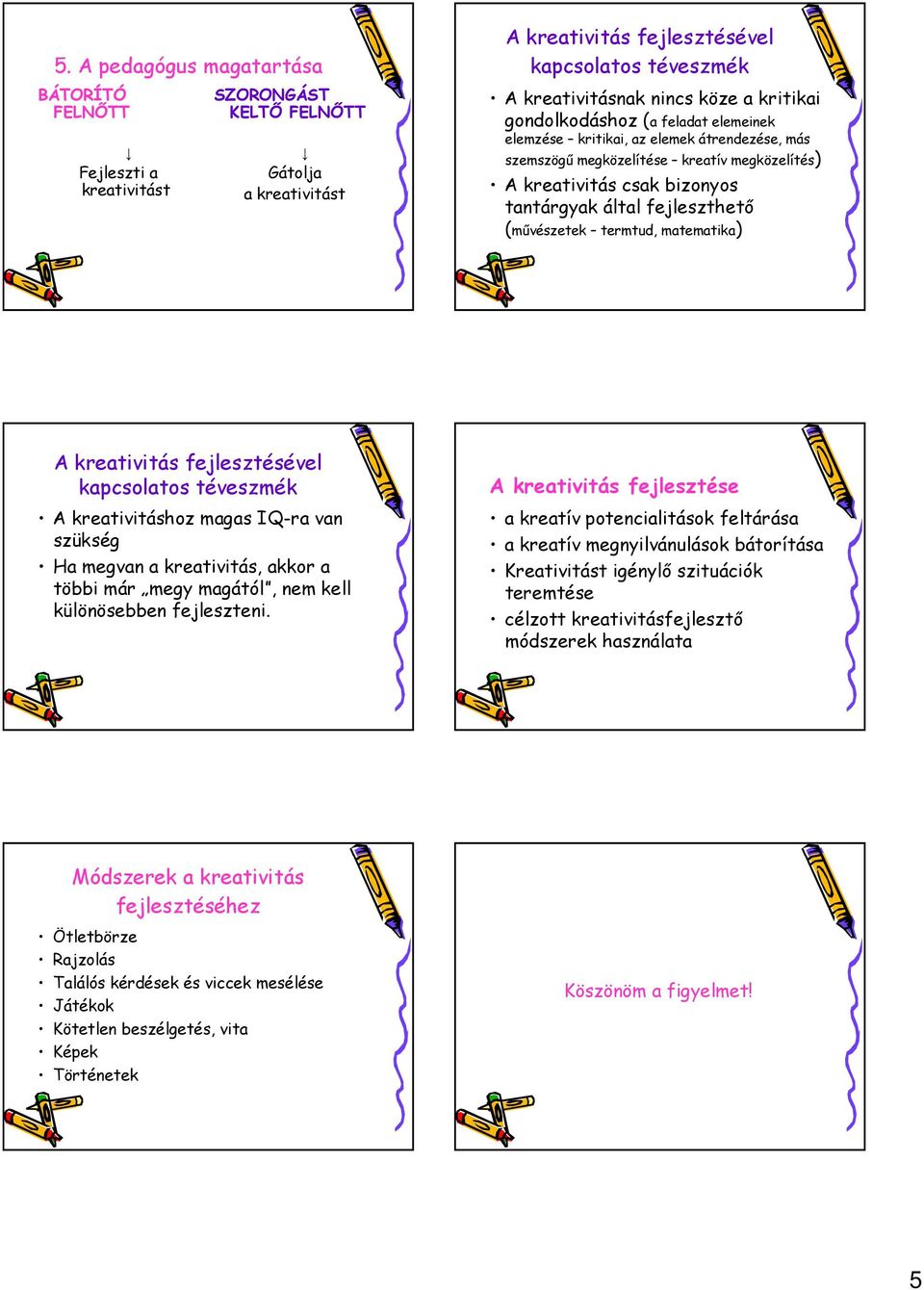 (mővészetek termtud, matematika) A kreativitás fejlesztésével kapcsolatos téveszmék A kreativitáshoz magas IQ-ra van szükség Ha megvan a kreativitás, akkor a többi már megy magától, nem kell