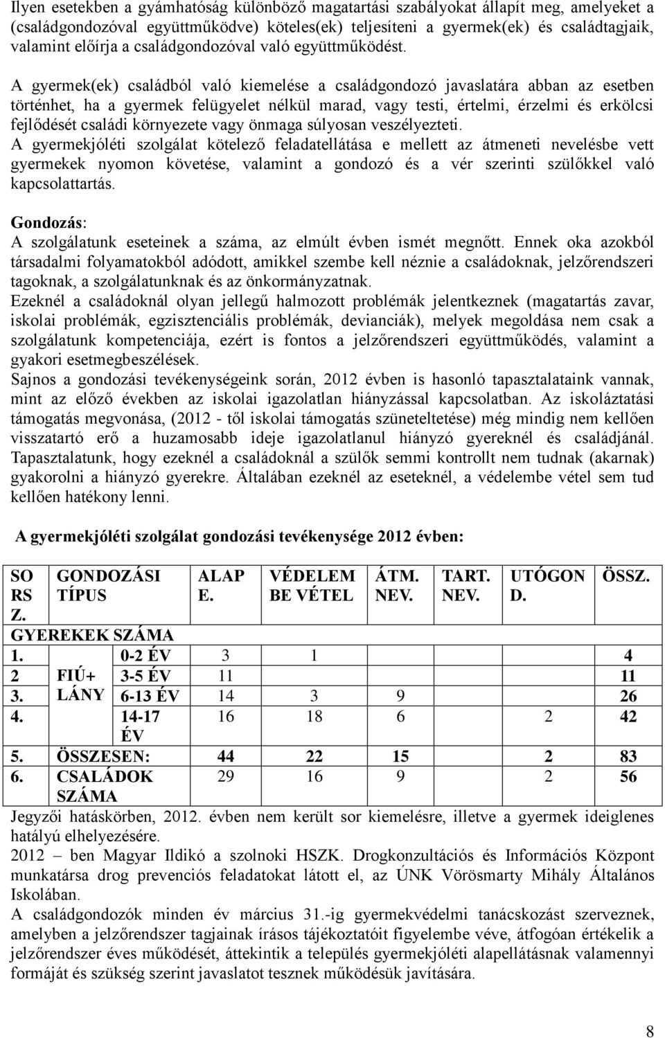 A gyermek(ek) családból való kiemelése a családgondozó javaslatára abban az esetben történhet, ha a gyermek felügyelet nélkül marad, vagy testi, értelmi, érzelmi és erkölcsi fejlődését családi