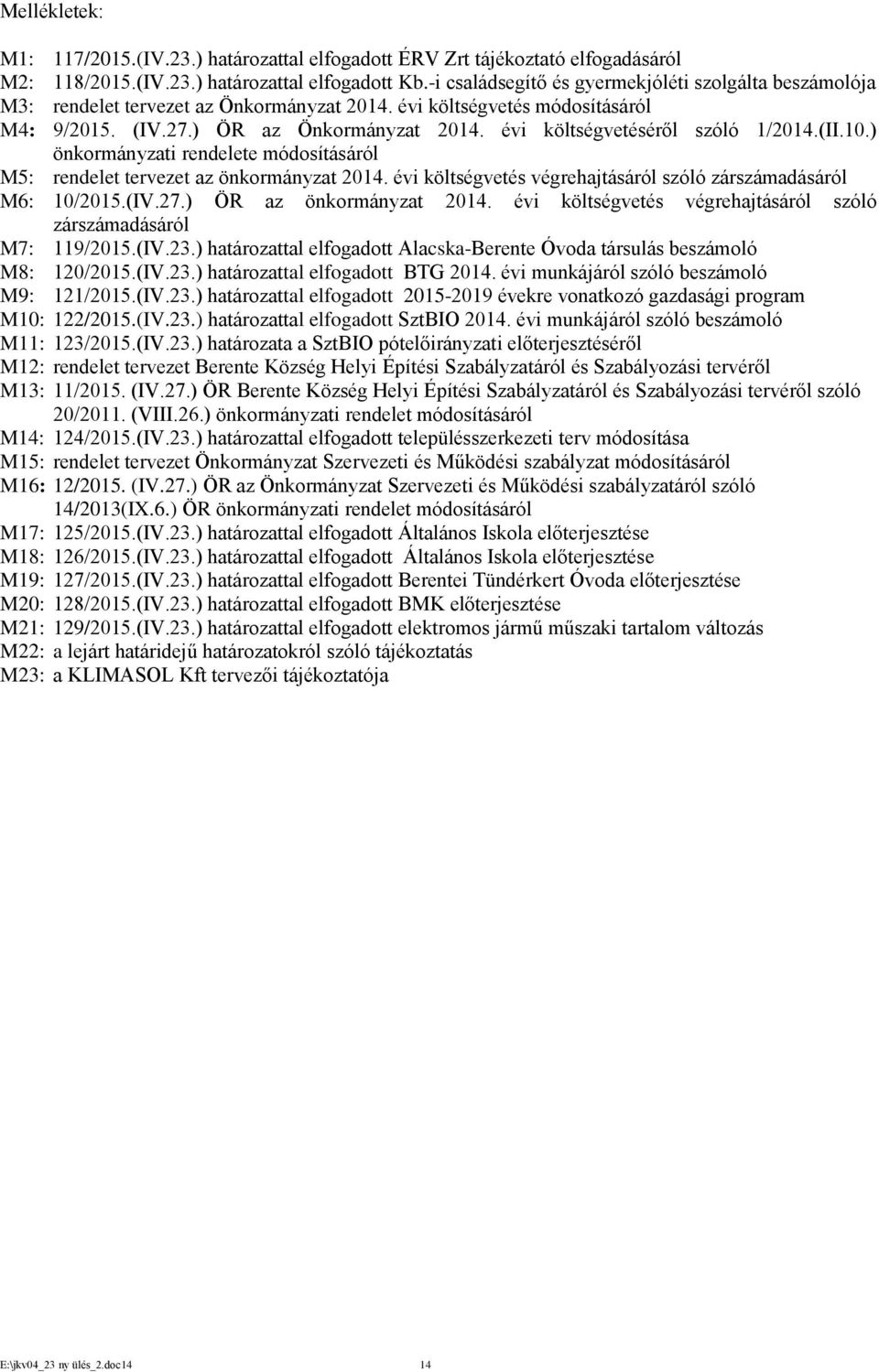 évi költségvetéséről szóló 1/2014.(II.10.) önkormányzati rendelete módosításáról M5: rendelet tervezet az önkormányzat 2014. évi költségvetés végrehajtásáról szóló zárszámadásáról M6: 10/2015.(IV.27.