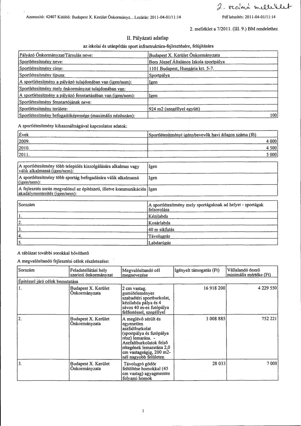 infrastruktúra-fejlesztésére, felújítására Budapest X. Kerület Önkormányzata Bem József Általános Iskola sportpálya Sportlétesítmény címe: ll O l Budapest Hungária krt. 5-7.