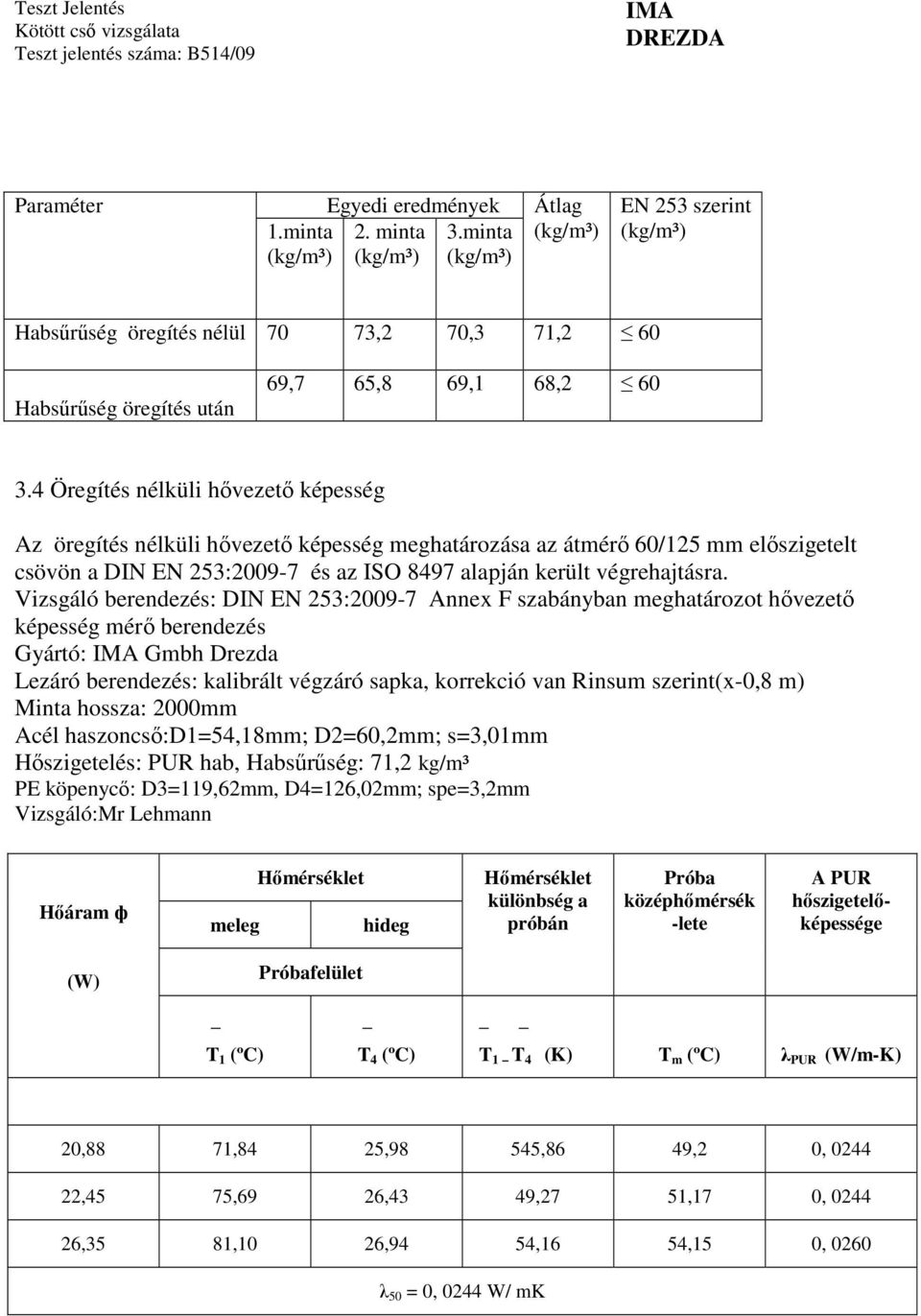 4 Öregítés nélküli hővezető képesség Az öregítés nélküli hővezető képesség meghatározása az átmérő 60/125 mm előszigetelt csövön a DIN EN 253:2009-7 és az ISO 8497 alapján került végrehajtásra.