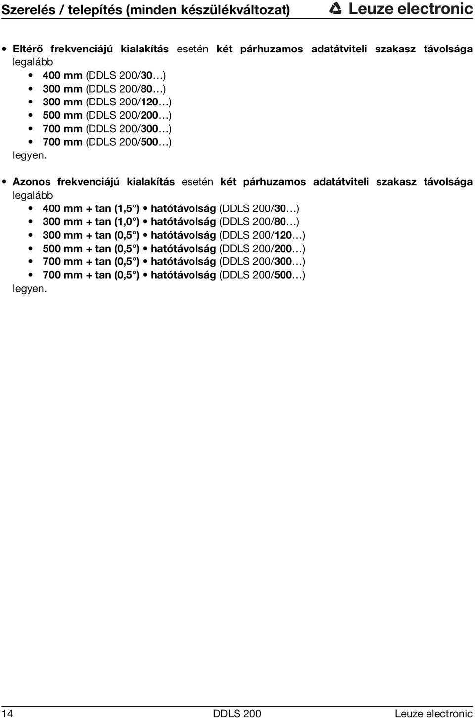 Azonos frekvenciájú kialakítás esetén két párhuzamos adatátviteli szakasz távolsága legalább 400 mm + tan (1,5 ) hatótávolság (DDLS 200/30 ) 300 mm + tan (1,0 ) hatótávolság