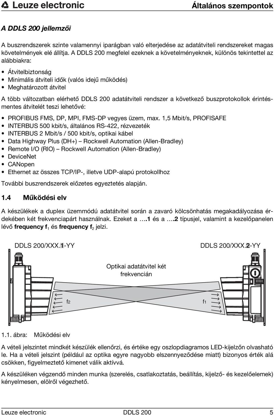 DDLS 200 adatátviteli rendszer a következő buszprotokollok érintésmentes átvitelét teszi lehetővé: PROFIBUS FMS, DP, MPI, FMS-DP vegyes üzem, max.