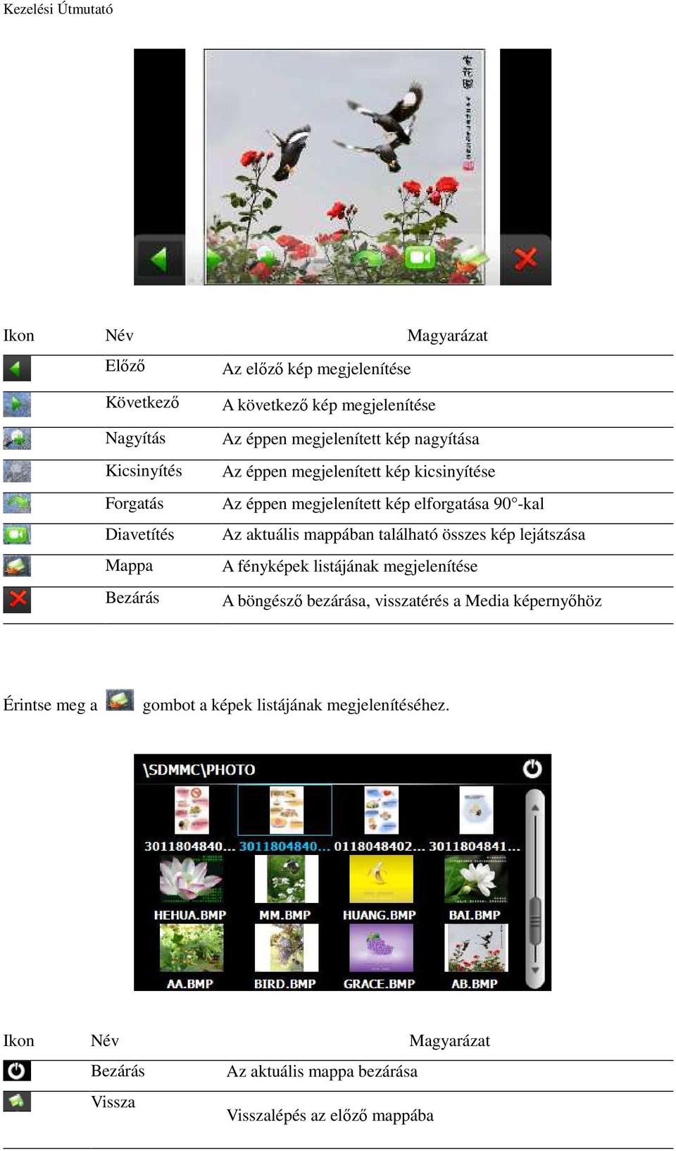 Az aktuális mappában található összes kép lejátszása A fényképek listájának megjelenítése A böngészı bezárása, visszatérés a Media