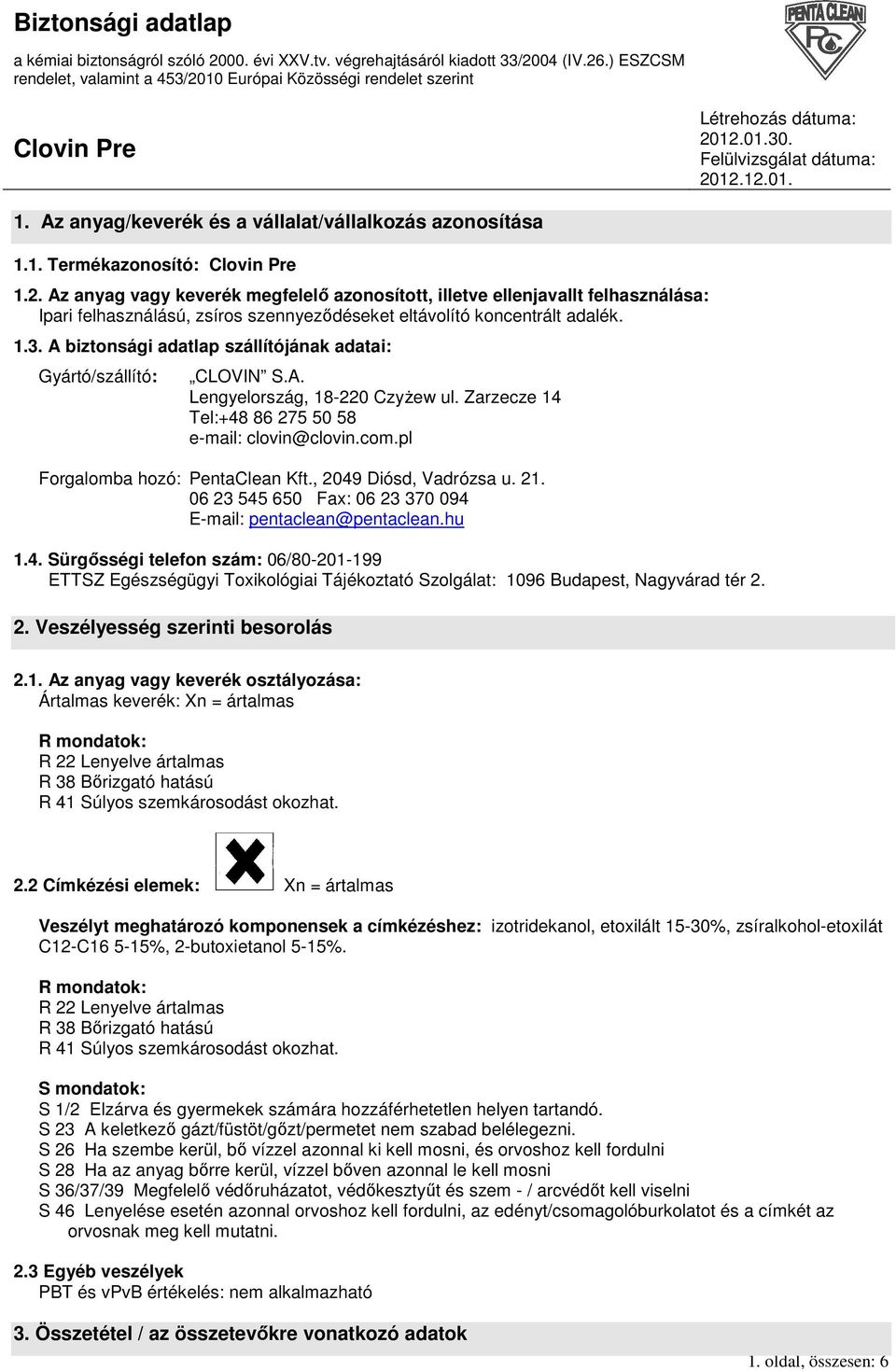 A biztonsági adatlap szállítójának adatai: Gyártó/szállító: CLOVIN S.A. Lengyelország, 18-220 CzyŜew ul. Zarzecze 14 Tel:+48 86 275 50 58 e-mail: clovin@clovin.com.pl Forgalomba hozó: PentaClean Kft.