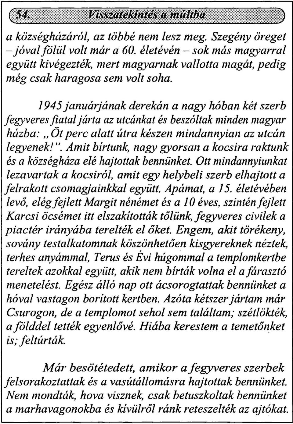 Amit bírtunk, nagy gyorsan a kocsira raktunk és a községháza elé hajtottak bennünket. Ott mindannyiunkat lezavartak a kocsiról, amit egy helybeli szerb elhajtott a felrakott csomagjainkkal együtt.