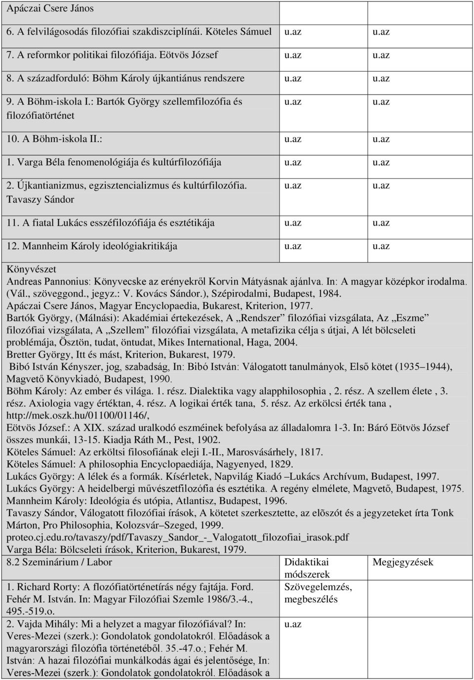 Újkantianizmus, egzisztencializmus és kultúrfilozófia. Tavaszy Sándor 11. A fiatal Lukács esszéfilozófiája és esztétikája 12.