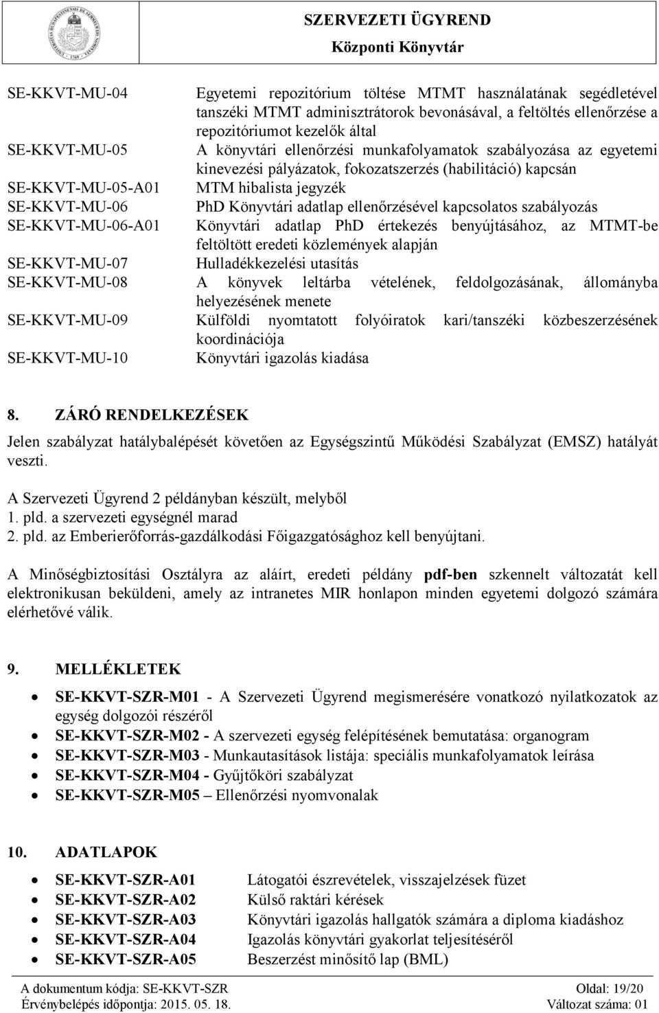 hibalista jegyzék PhD Könyvtári adatlap ellenőrzésével kapcsolatos szabályozás Könyvtári adatlap PhD értekezés benyújtásához, az MTMT-be feltöltött eredeti közlemények alapján SE-KKVT-MU-07