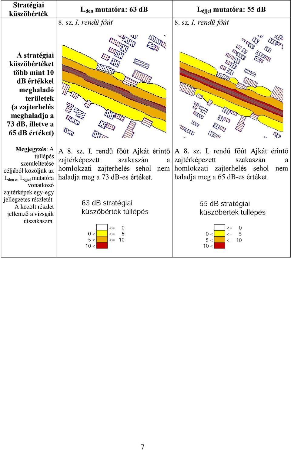 rendű főút A stratégiai küszöbértéket több mint 10 db értékkel meghaladó területek (a zajterhelés meghaladja a 73 db, illetve a 65 db értéket) Megjegyzés: A túllépés