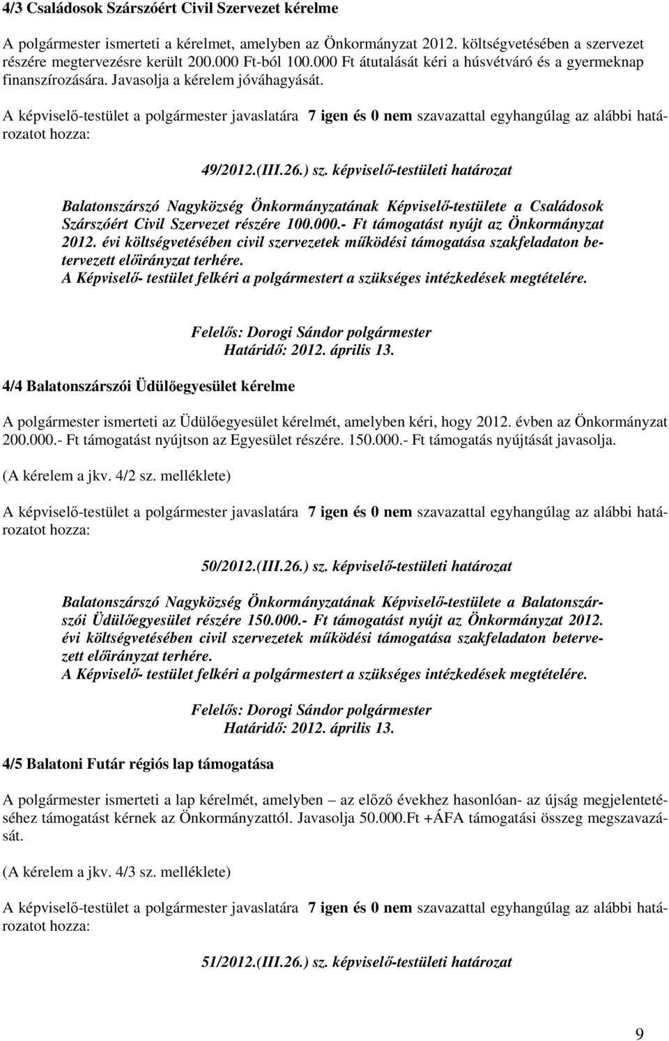 képviselı-testületi határozat Balatonszárszó Nagyközség Önkormányzatának Képviselı-testülete a Családosok Szárszóért Civil Szervezet részére 100.000.- Ft támogatást nyújt az Önkormányzat 2012.