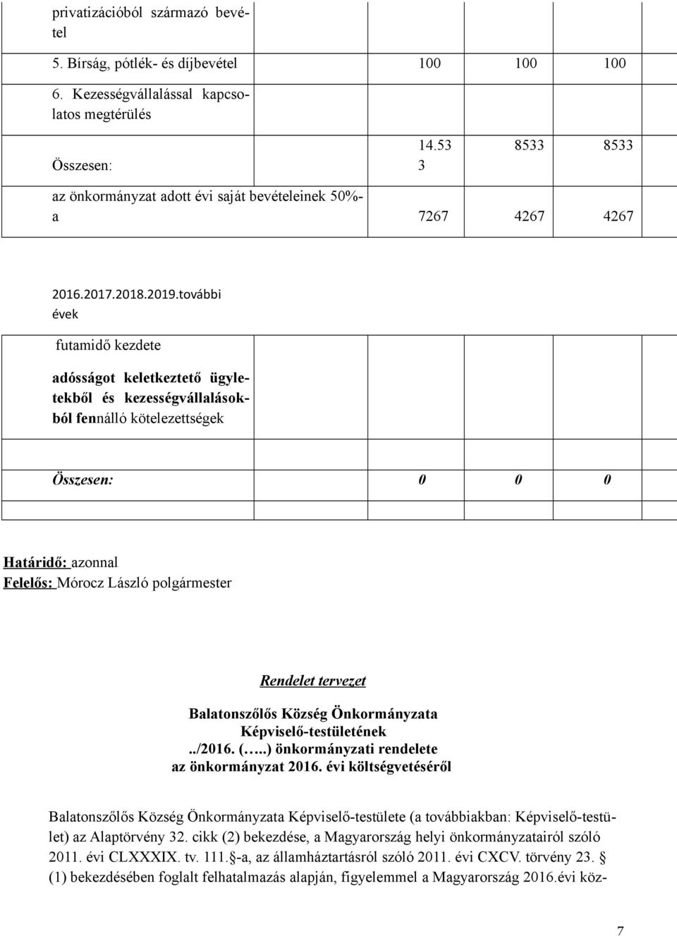 további évek futamidő kezdete adósságot keletkeztető ügyletekből és kezességvállalásokból fennálló kötelezettségek Összesen: 0 0 0 Határidő: azonnal Felelős: Mórocz László polgármester Rendelet