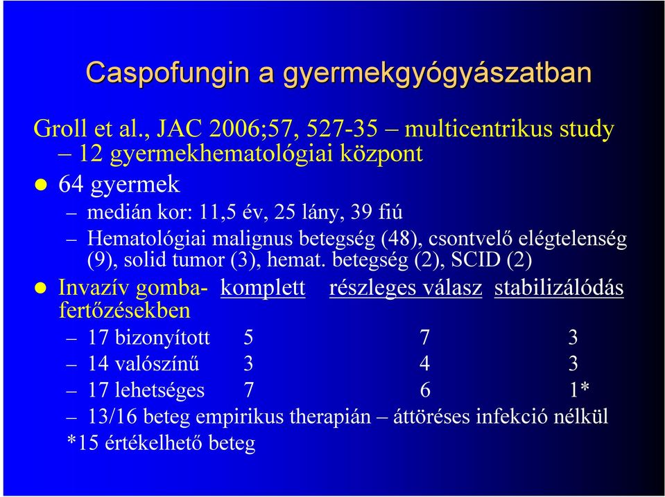 Hematológiai malignus betegség (48), csontvelő elégtelenség (9), solid tumor (3), hemat.