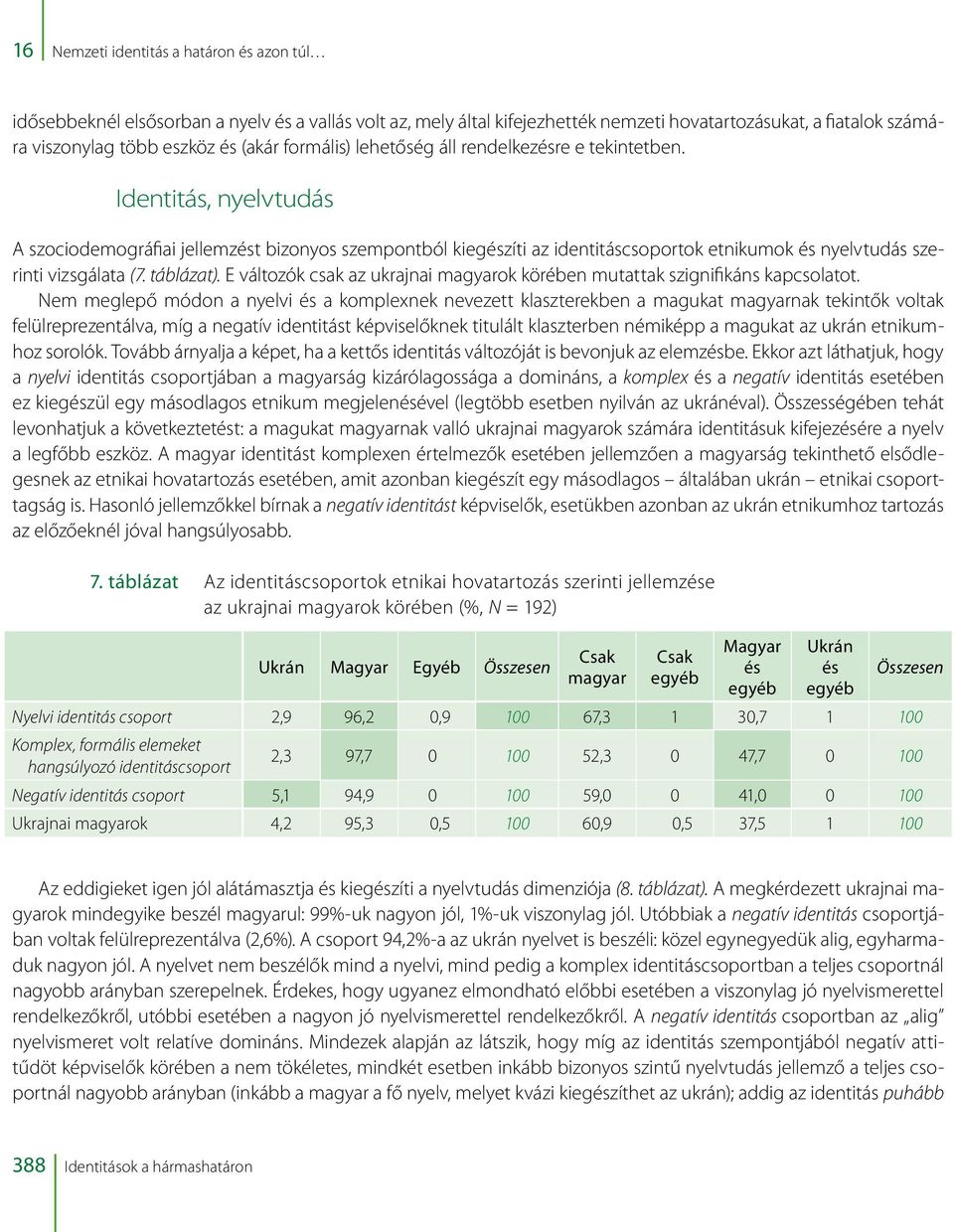 Identitás, nyelvtudás A szociodemográfiai jellemzést bizonyos szempontból kiegészíti az identitáscsoportok etnikumok és nyelvtudás szerinti vizsgálata (7. táblázat).