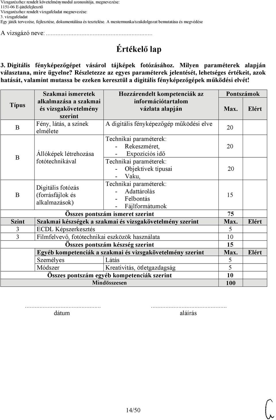 Típus Szakmai ismeretek alkalmazása a szakmai és vizsgakövetelmény szerint Fény, látás, a színek elmélete Állóképek létrehozása fotótechnikával Digitális fotózás (forrásfájlok és alkalmazások)