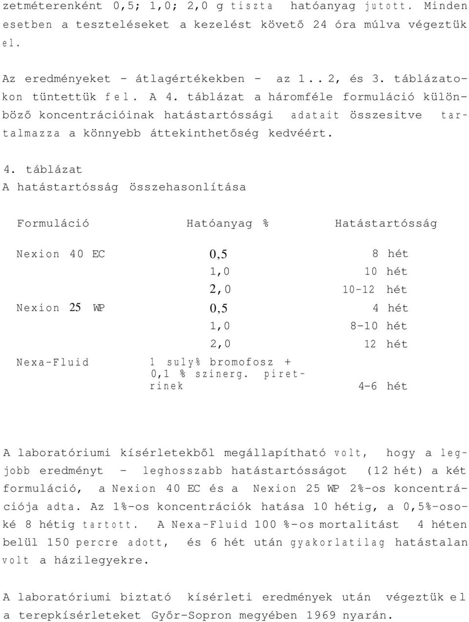 táblázat a háromféle formuláció különböző koncentrációinak hatástartóssági adatait összesitve tartalmazza a könnyebb áttekinthetőség kedvéért. 4.