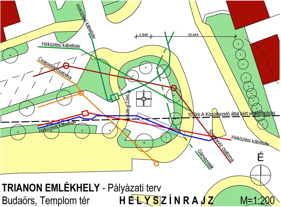 kábelsáv Hírközlési kábelsáv É Szennyvíz csatorna Gázvezeték TRIANON