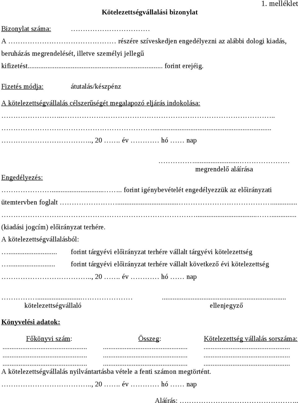 .... forint igénybevételét engedélyezzük az előirányzati ütemtervben foglalt............ (kiadási jogcím) előirányzat terhére. A kötelezettségvállalásból:.