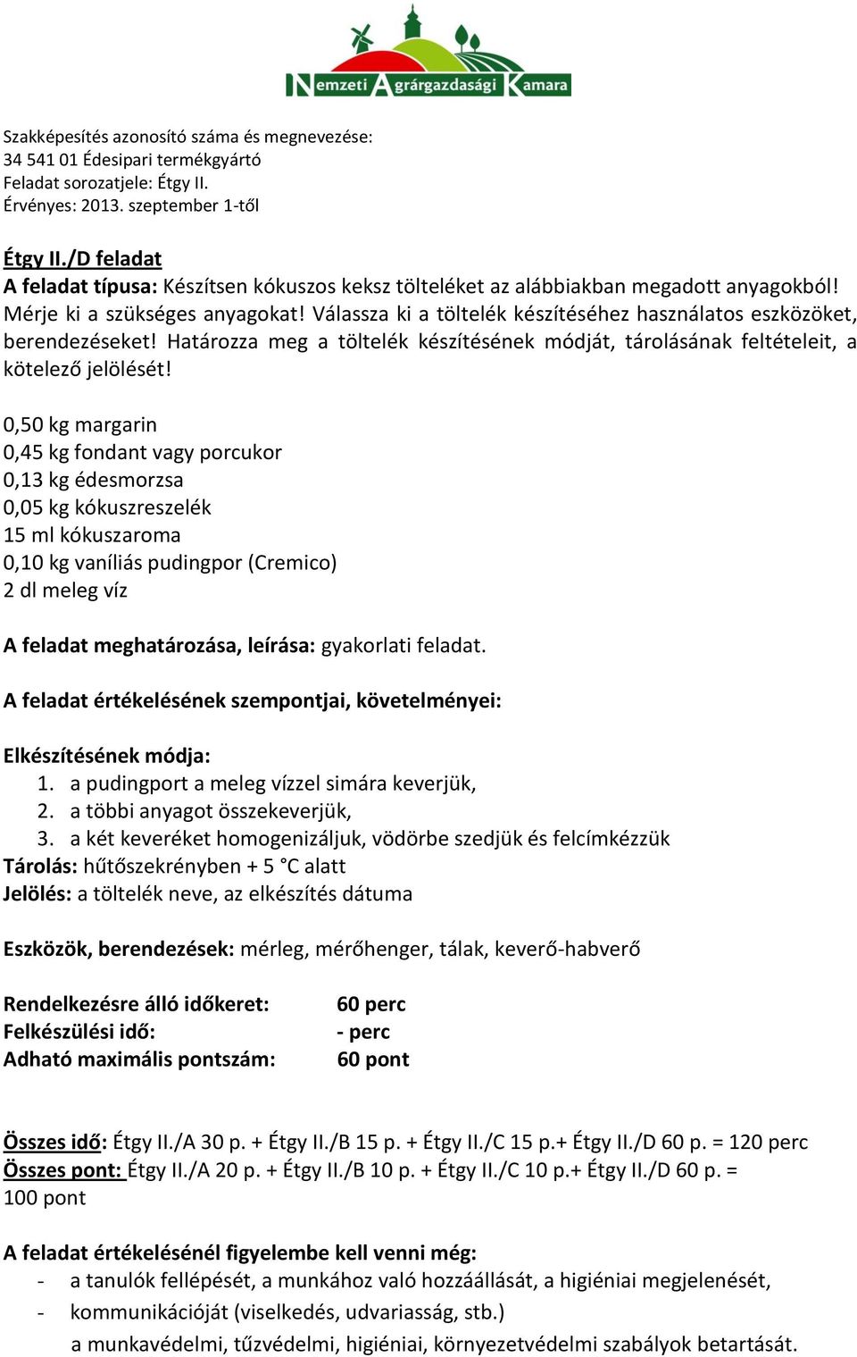 0,50 kg margarin 0,45 kg fondant vagy porcukor 0,13 kg édesmorzsa 0,05 kg kókuszreszelék 15 ml kókuszaroma 0,10 kg vaníliás pudingpor (Cremico) 2 dl meleg víz A feladat meghatározása, leírása: