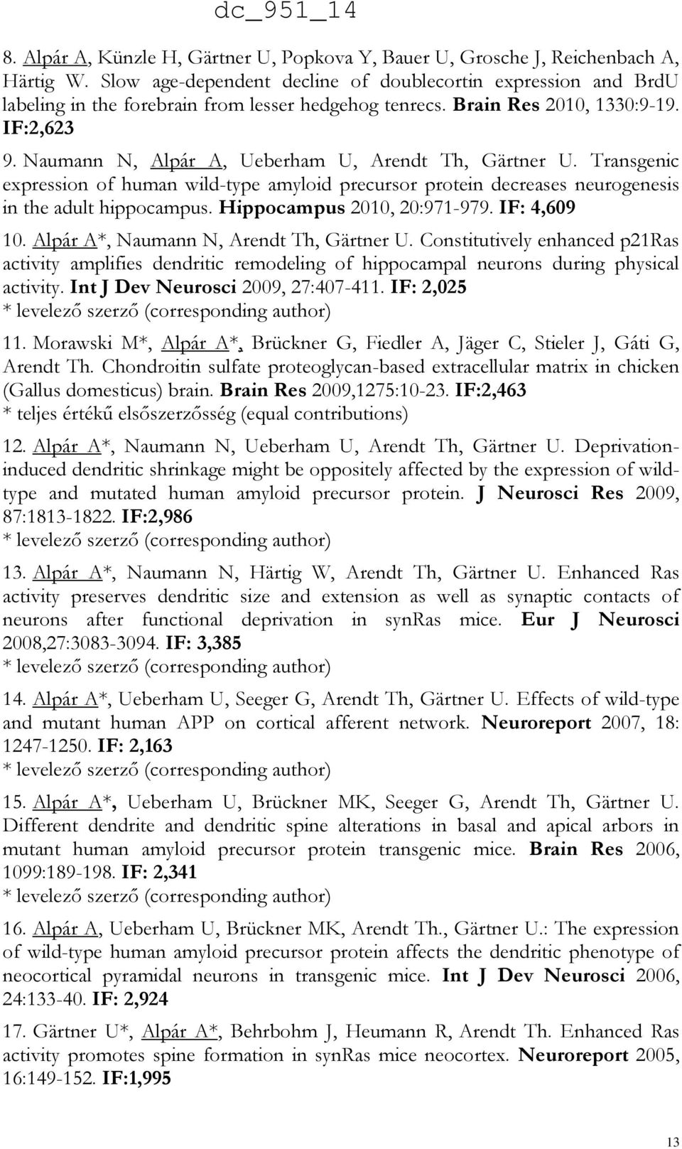 Naumann N, Alpár A, Ueberham U, Arendt Th, Gärtner U. Transgenic expression of human wild-type amyloid precursor protein decreases neurogenesis in the adult hippocampus. Hippocampus 2010, 20:971-979.