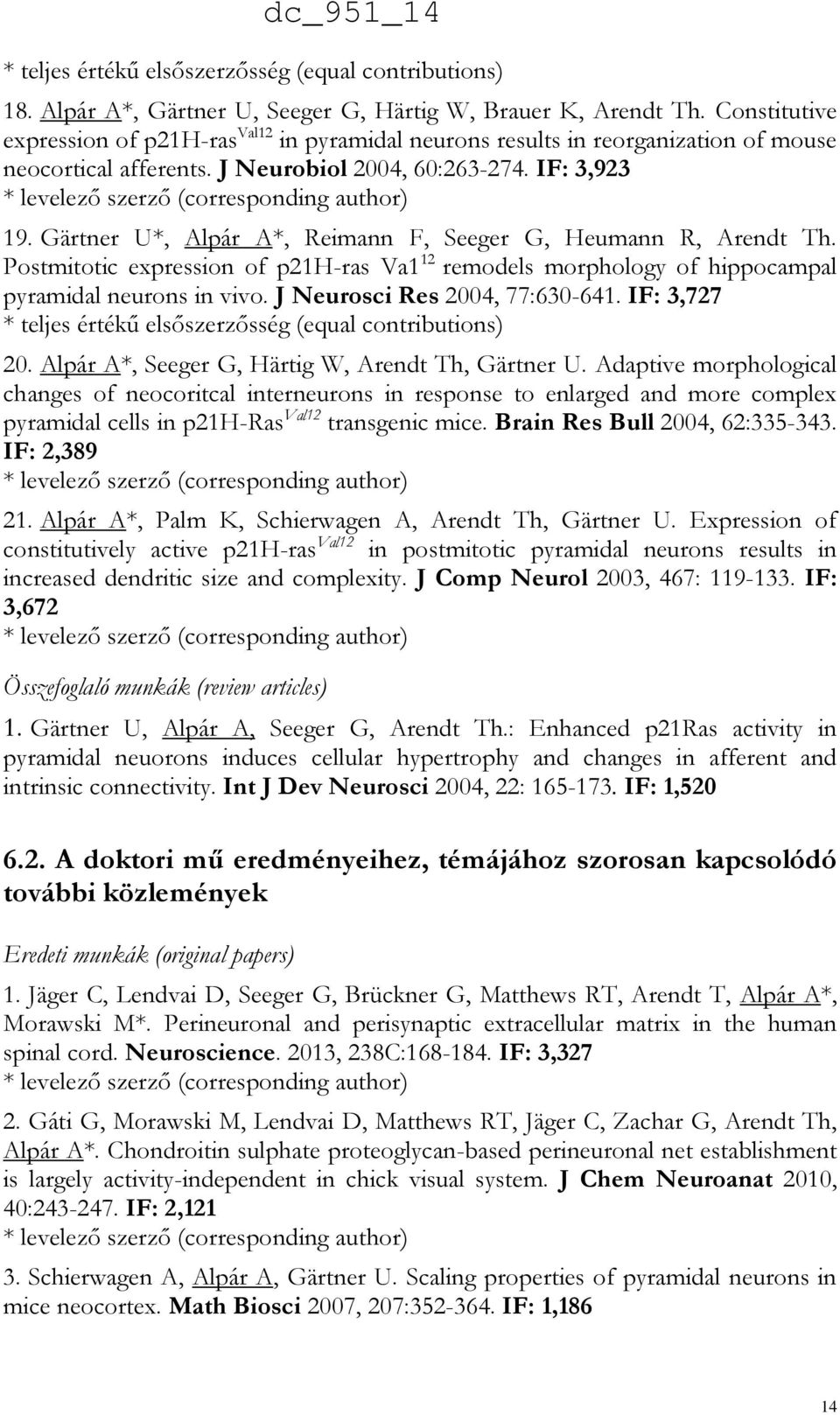 Gärtner U*, Alpár A*, Reimann F, Seeger G, Heumann R, Arendt Th. Postmitotic expression of p21h-ras Va1 12 remodels morphology of hippocampal pyramidal neurons in vivo.