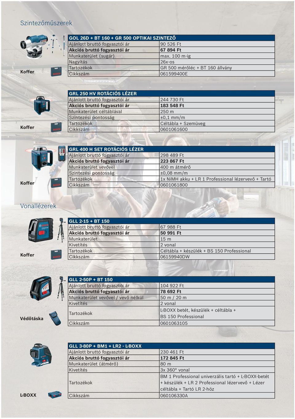 0601061600 GRL 400 H SET ROTÁCIÓS LÉZER Munkaterület vevővel Szintezési pontosság 298 489 Ft 223 867 Ft 400 m átmérő ±0,08 mm/m 1x NiMH akku + LR 1 Professional lézervevő + Tartó 0601061800 GLL 2-15