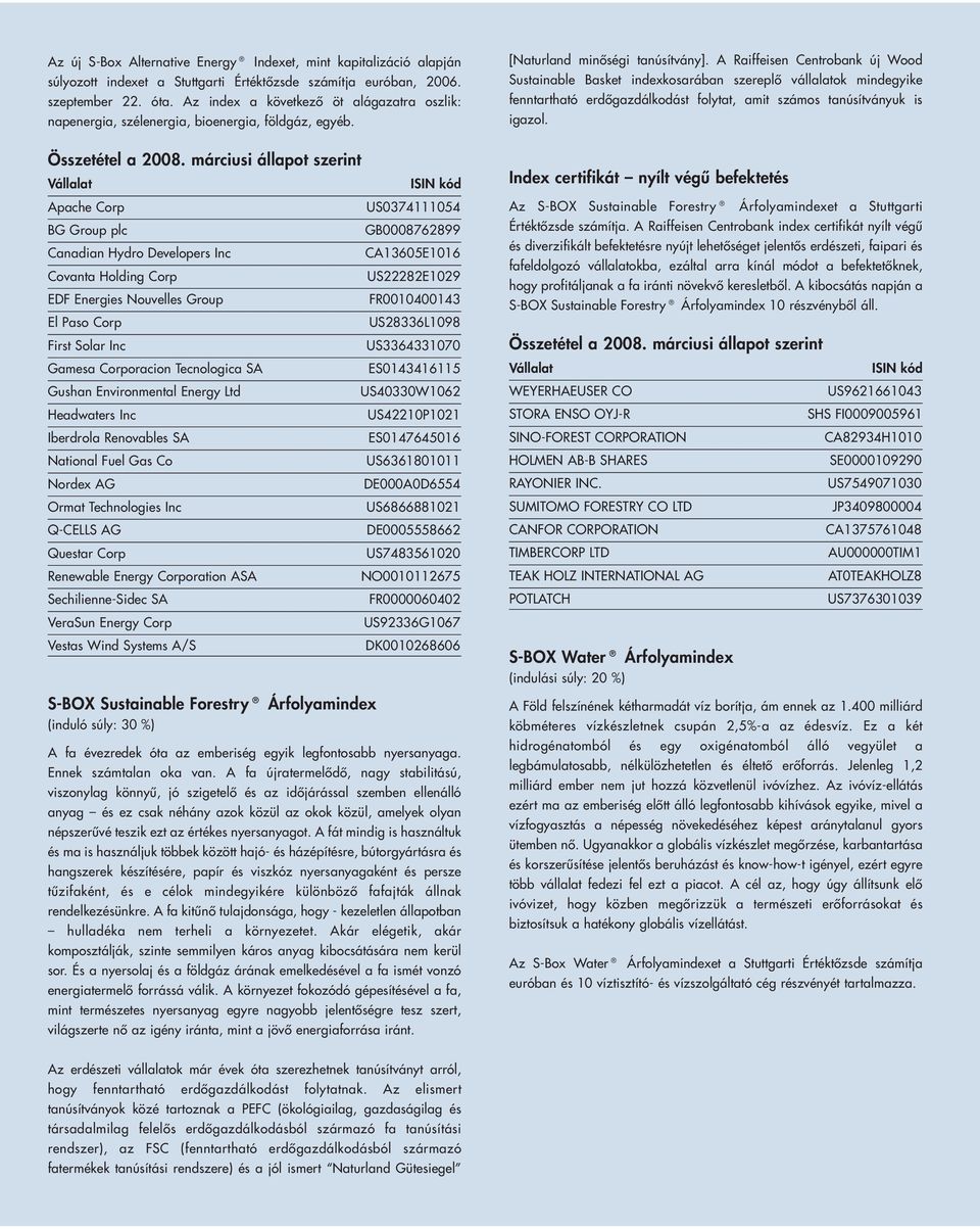 márciusi állapot szerint Apache Corp US0374111054 BG Group plc GB0008762899 Canadian Hydro Developers Inc CA13605E1016 Covanta Holding Corp US22282E1029 EDF Energies Nouvelles Group FR0010400143 El