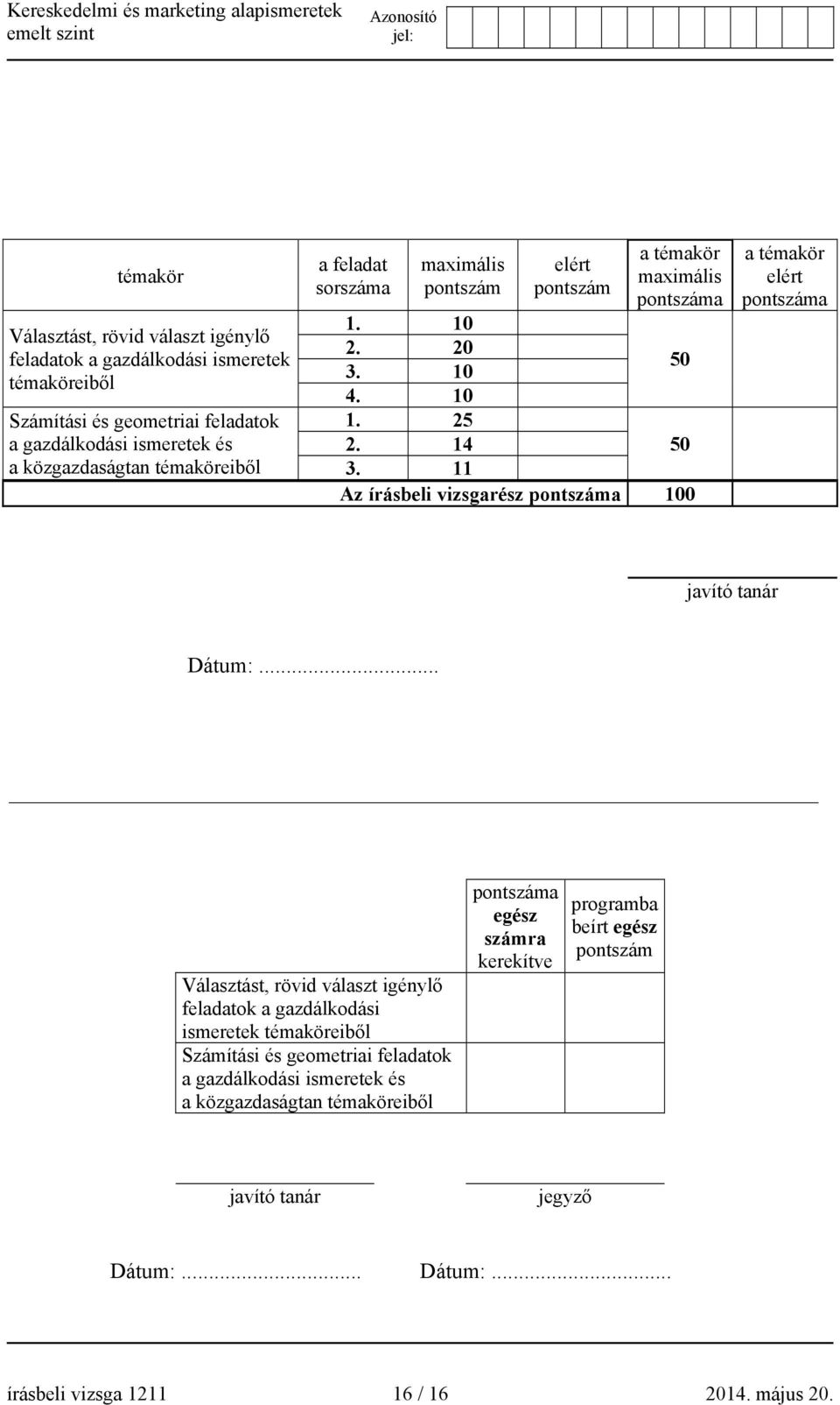 11 Az írásbeli vizsgarész pontszáma 100 a témakör elért pontszáma javító tanár Dátum:.