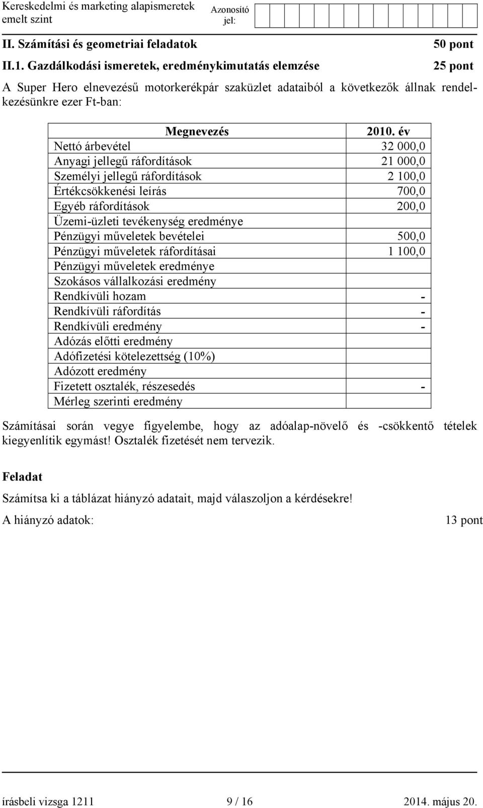 év Nettó árbevétel 32 000,0 Anyagi jellegű ráfordítások 21 000,0 Személyi jellegű ráfordítások 2 100,0 Értékcsökkenési leírás 700,0 Egyéb ráfordítások 200,0 Üzemi-üzleti tevékenység eredménye