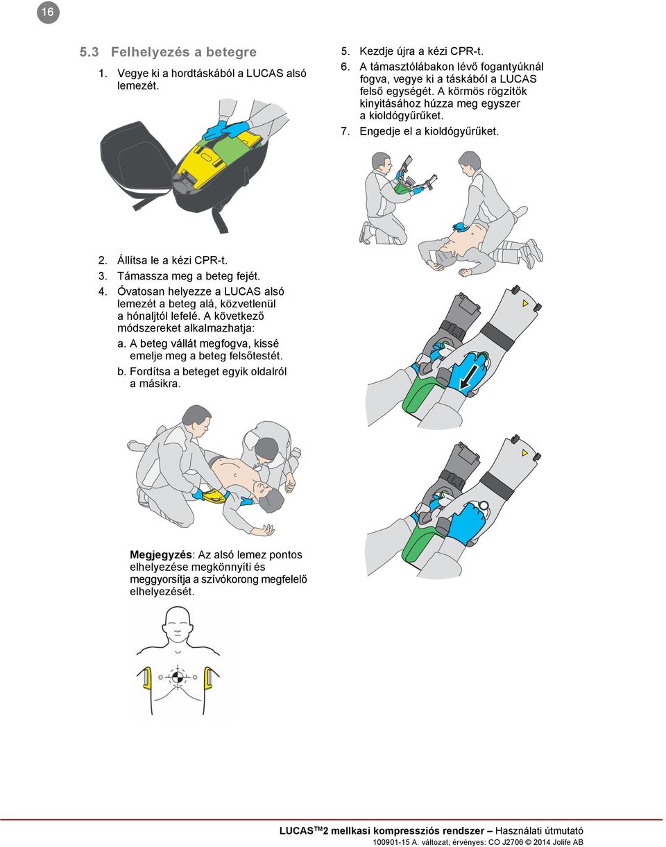 Engedje el a kioldógyűrűket. 2. Állítsa le a kézi CPR-t. 3. Támassza meg a beteg fejét. 4. Óvatosan helyezze a LUCAS alsó lemezét a beteg alá, közvetlenül a hónaljtól lefelé.