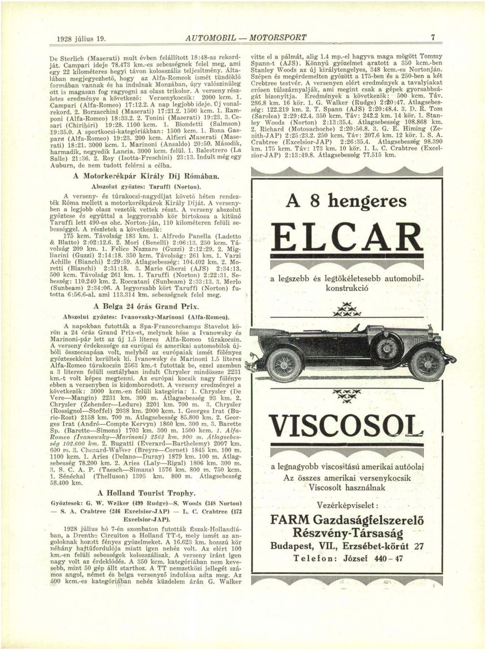 A verseny részletes eredménye a következő: Versenykocsik: 2000 kcm. 1. Campari (Alfa-Romeo) 17:12.2. A nap legjobb ideje. Új vonalrekord. 2. Borzacchinij (Maserati) 17:21.2. 1500 kcm. 1. Ramponi (Alfa-Romeo) 18:33.