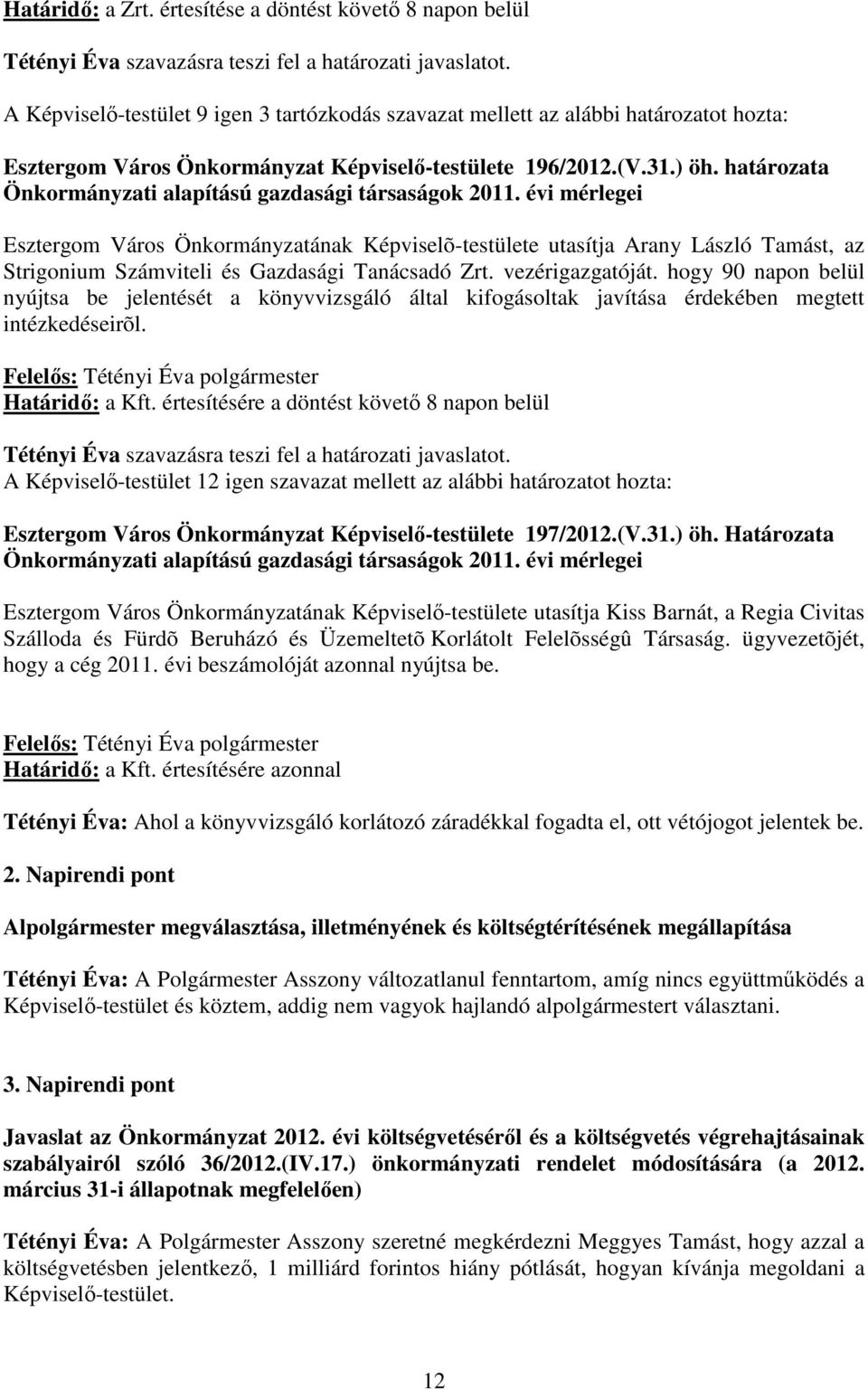 határozata Önkormányzati alapítású gazdasági társaságok 2011.