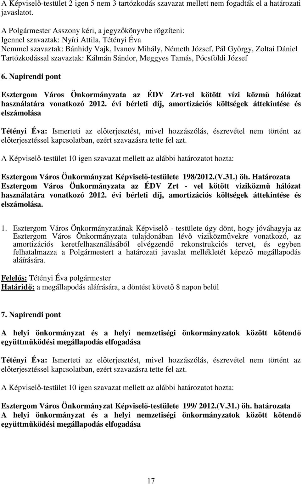 Tartózkodással szavaztak: Kálmán Sándor, Meggyes Tamás, Pócsföldi József 6. Napirendi pont Esztergom Város Önkormányzata az ÉDV Zrt-vel kötött vízi közmő hálózat használatára vonatkozó 2012.