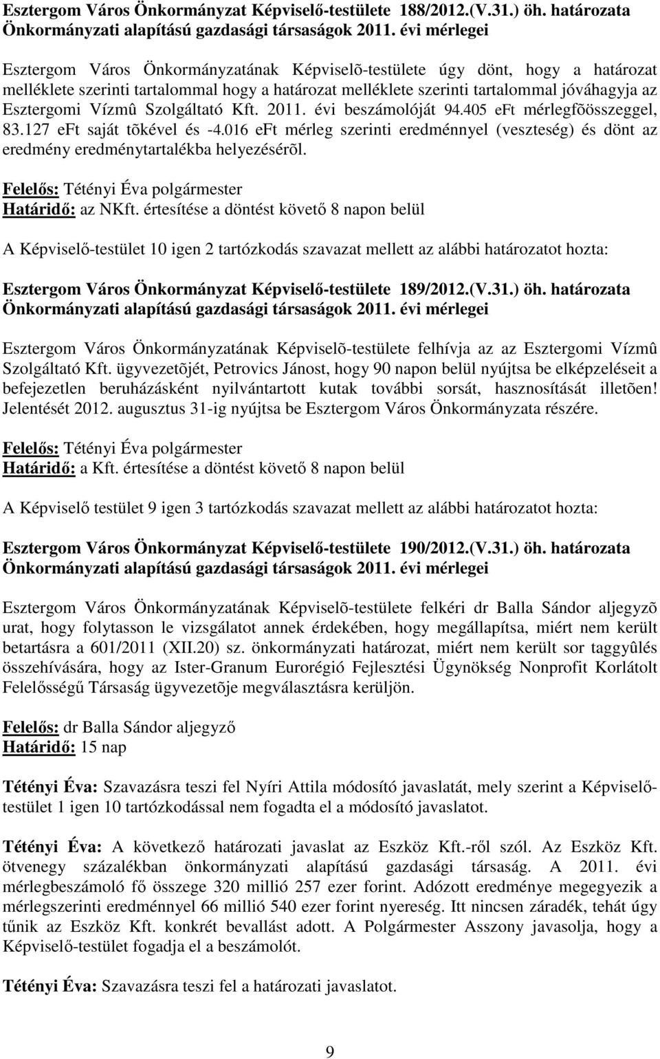 Vízmû Szolgáltató Kft. 2011. évi beszámolóját 94.405 eft mérlegfõösszeggel, 83.127 eft saját tõkével és -4.