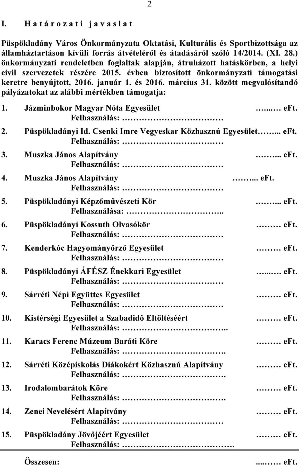 március 31. között megvalósítandó pályázatokat az alábbi mértékben támogatja: 1. Jázminbokor Magyar Nóta Egyesület.... eft. 2. Püspökladányi Id. Csenki Imre Vegyeskar Közhasznú Egyesület... eft. 3. Muszka János.