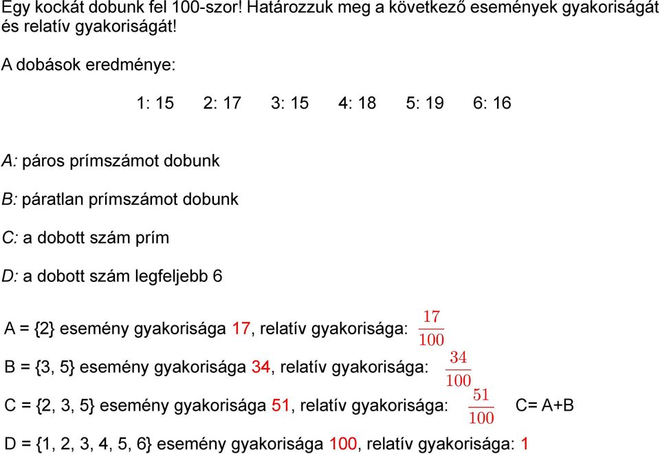 szám prím D: a dobott szám legfeljebb 6 A = {2} esemény gyakorisága 17, relatív gyakorisága: B = {3, 5} esemény gyakorisága 34,