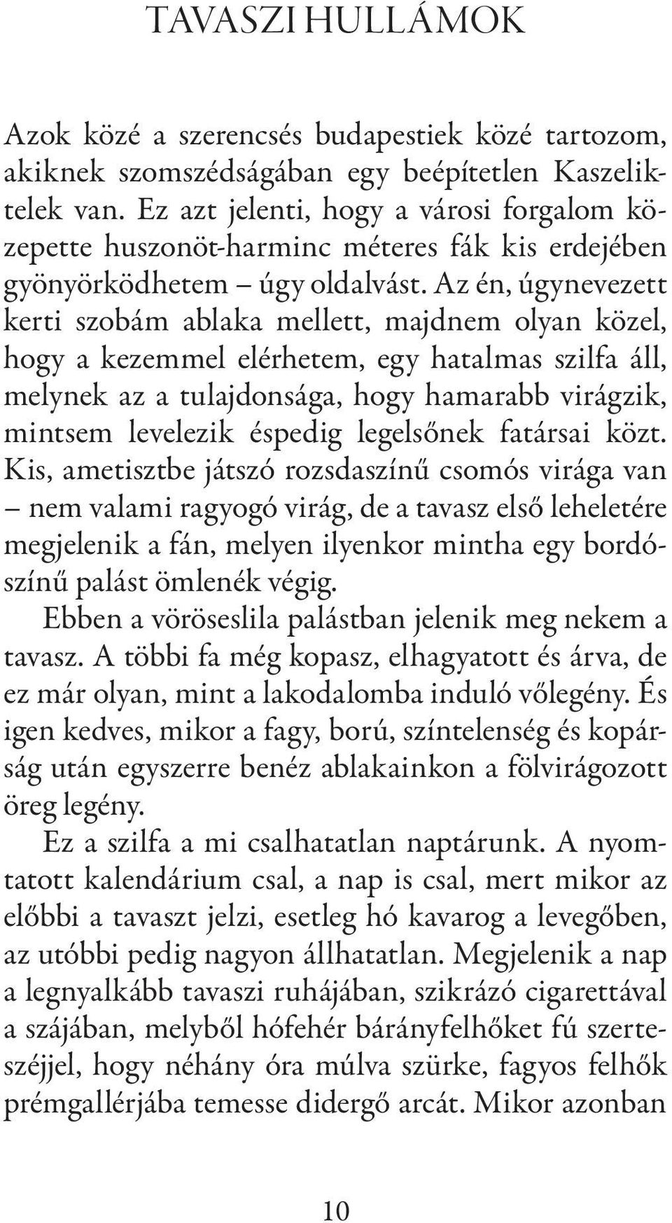 Az én, úgynevezett kerti szobám ablaka mellett, majdnem olyan közel, hogy a kezemmel elérhetem, egy hatalmas szilfa áll, melynek az a tulajdonsága, hogy hamarabb virágzik, mintsem levelezik éspedig