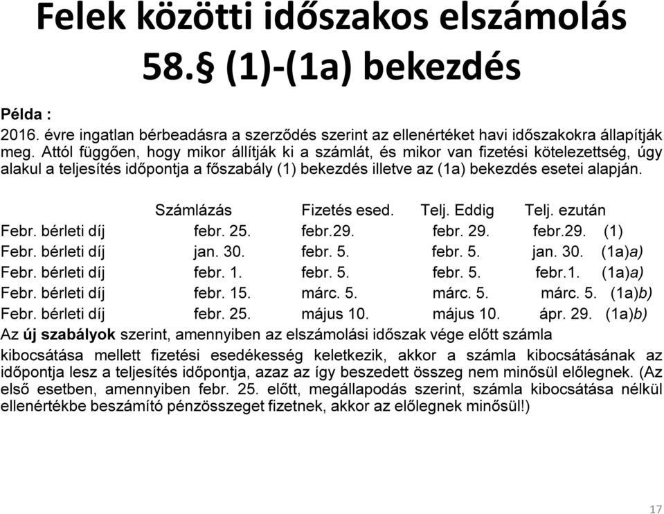 Számlázás Fizetés esed. Telj. Eddig Telj. ezután Febr. bérleti díj febr. 25. febr.29. febr. 29. febr.29. (1) Febr. bérleti díj jan. 30. febr. 5. febr. 5. jan. 30. (1a)a) Febr. bérleti díj febr. 1.