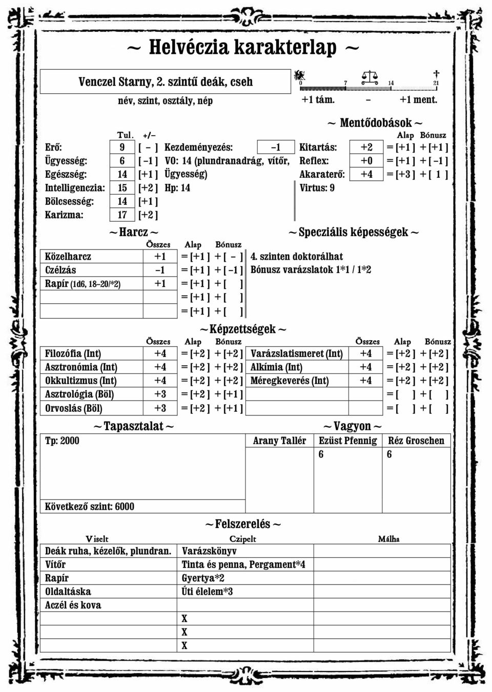 [ 1 ] Intelligenczia: 15 [+2 ] Hp: 14 Virtus: 9 Bölcsesség: 14 [+1 ] Karizma: 17 [+2 ] ~Harcz~ Összes Alap Bónusz Közelharcz +1 = [+1 ] + [ ] Czélzás 1 = [+1 ] + [ 1 ] Rapír (1d6, 18 20/*2) +1 = [+1