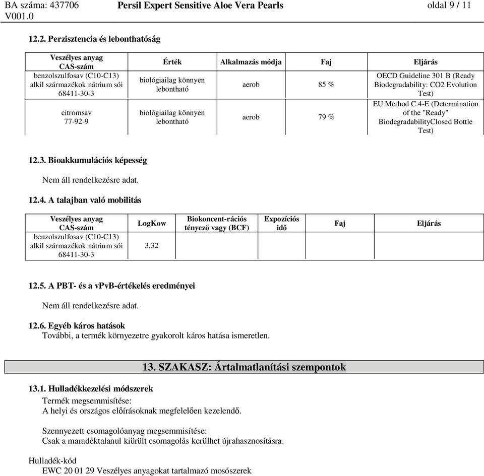 Biodegradability: CO2 Evolution Test) EU Method C.4-E (Determination of the "Ready" BiodegradabilityClosed Bottle Test) 12.3. Bioakkumulációs képesség Nem áll rendelkezésre adat. 12.4. A talajban való mobilitás C13) alkil származékok LogKow 3,32 Biokoncent-rációs tényez vagy (BCF) 12.